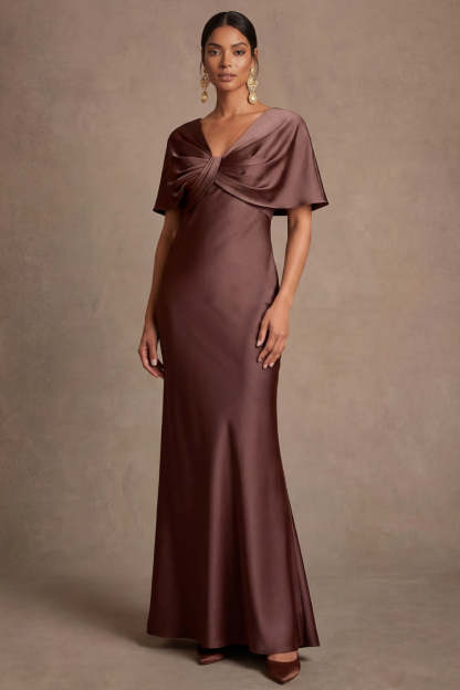 Leely Women Chocolate V Neck Mermaid Ruched Long Wedding Guest Dress Satin Short Sleeves Formal Dress
