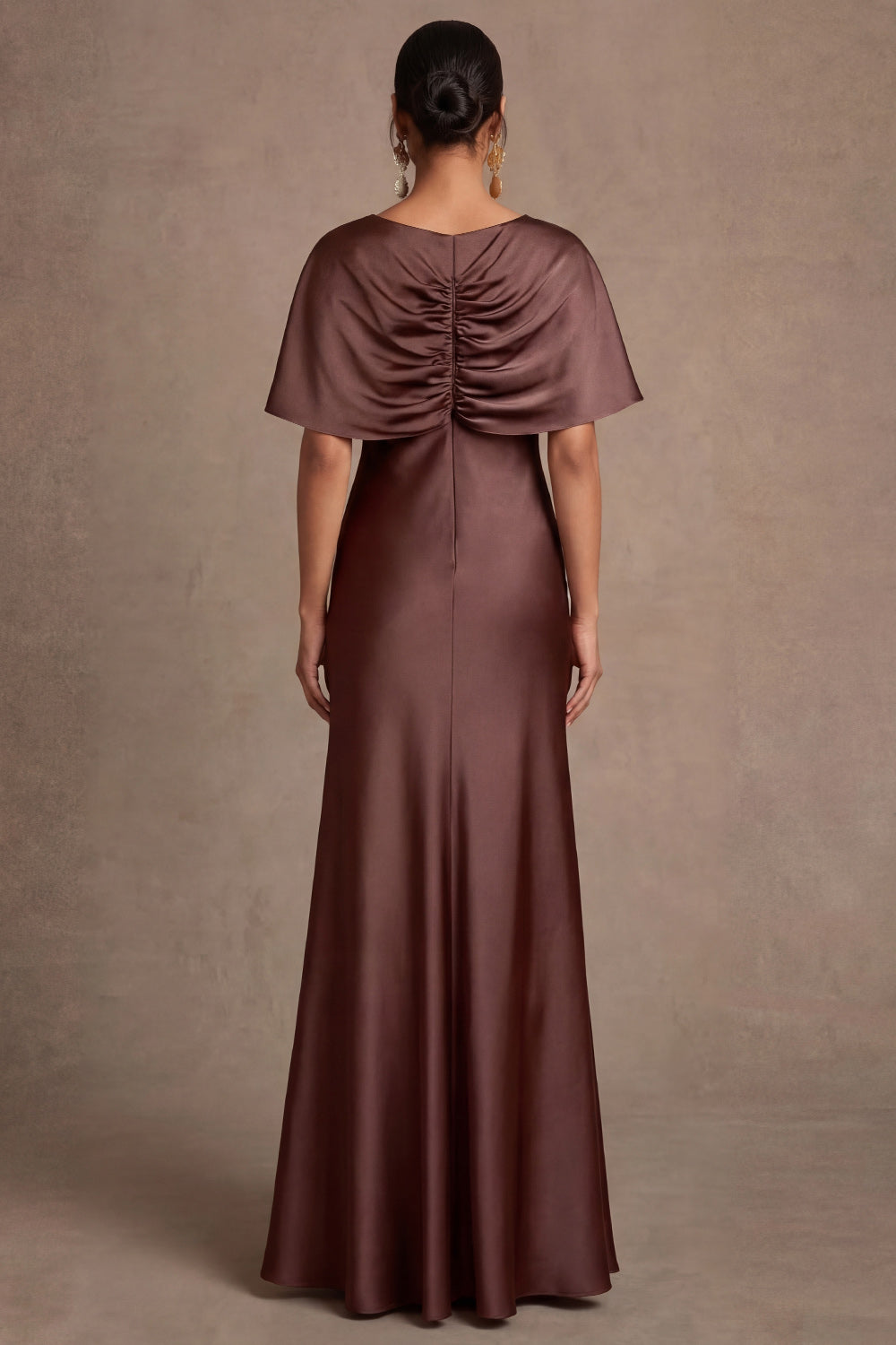 Chocolate V Neck Satin Mermaid Ruched Long Wedding Guest Dress