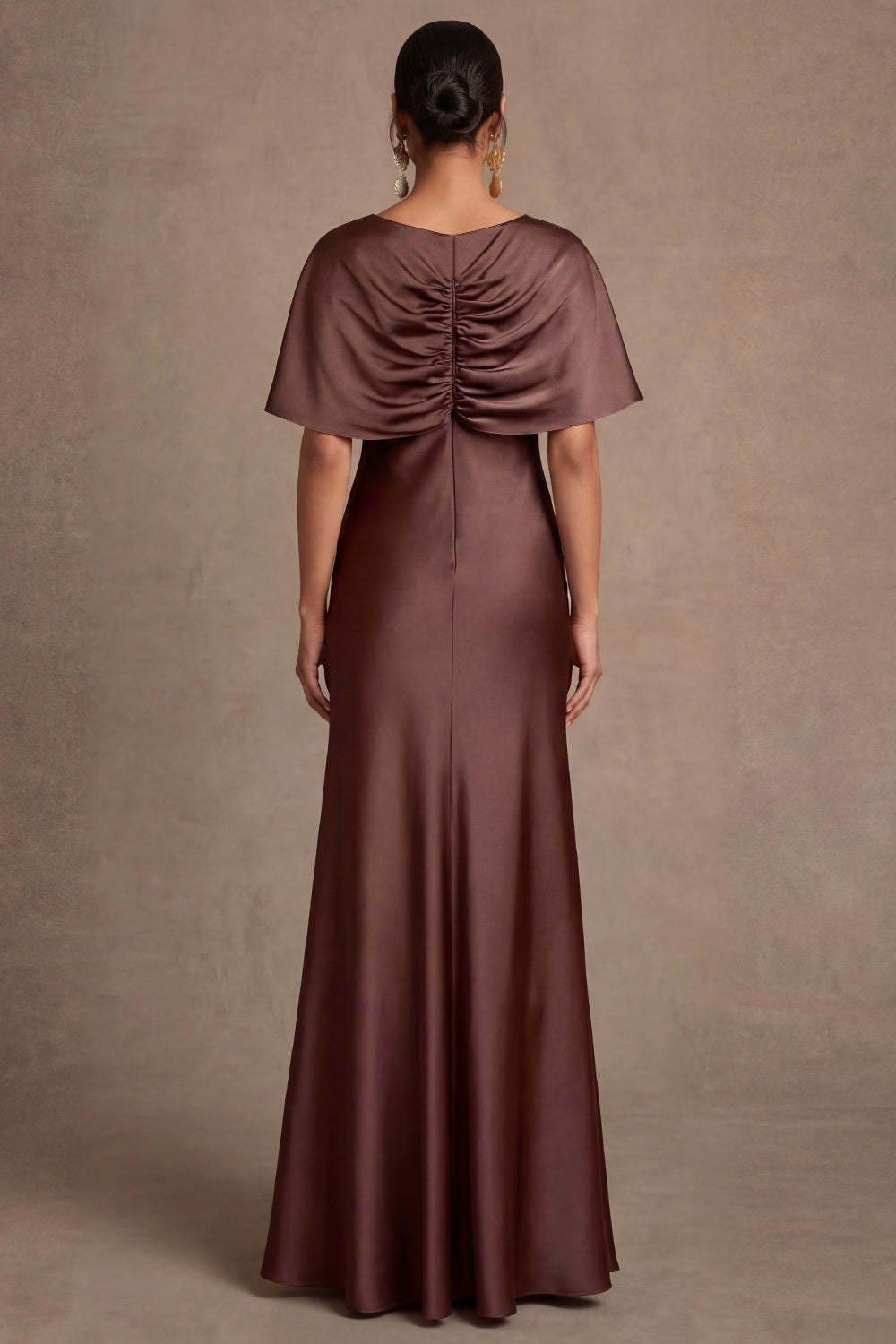 Chocolate V Neck Satin Mermaid Ruched Long Wedding Guest Dress