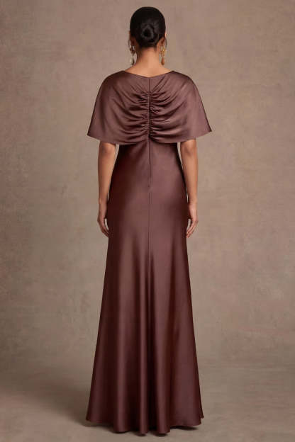 Chocolate V Neck Satin Mermaid Ruched Long Wedding Guest Dress