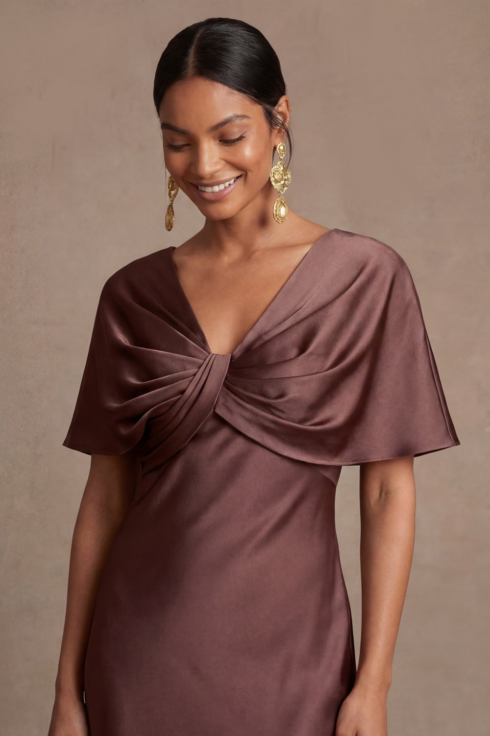 Chocolate V Neck Satin Mermaid Ruched Long Wedding Guest Dress