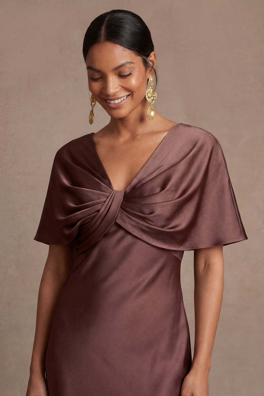 Chocolate V Neck Satin Mermaid Ruched Long Wedding Guest Dress