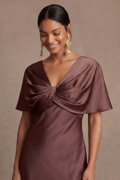 Chocolate V Neck Satin Mermaid Ruched Long Wedding Guest Dress