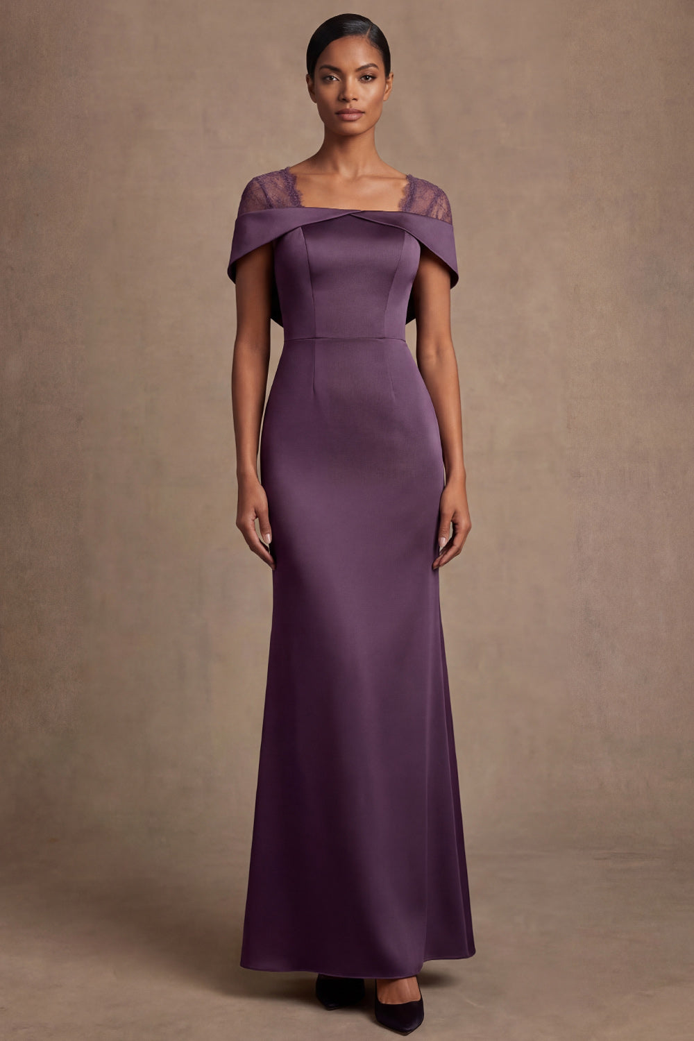 Satin Purple Sheath Off the Shoulder Long Formal Dress