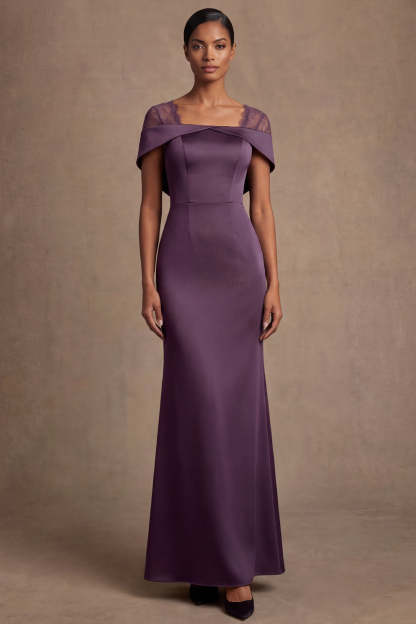 Leely Women Satin Purple Sheath Off the Shoulder Long Formal Dress Backless Sleeveless Wedding Guest Dress