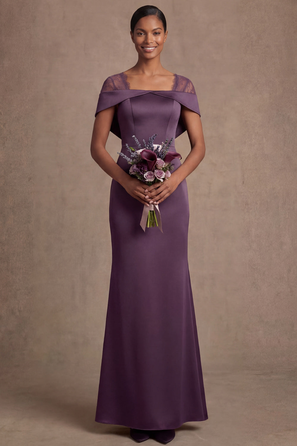 Satin Purple Sheath Off the Shoulder Long Formal Dress