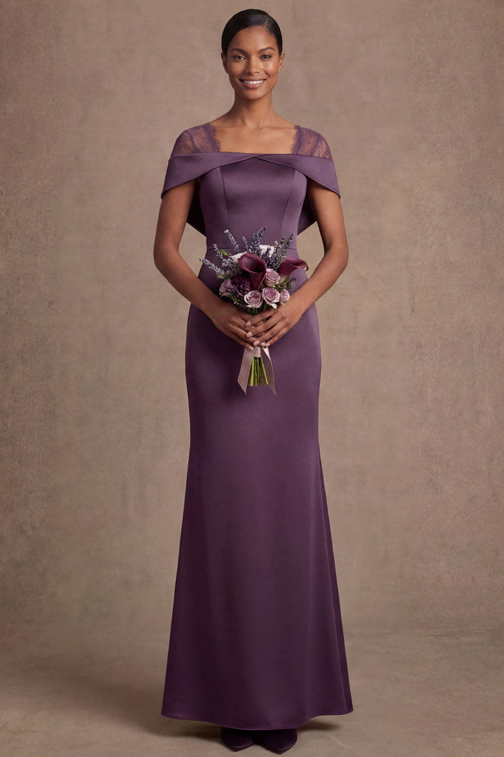 Satin Purple Sheath Off the Shoulder Long Formal Dress