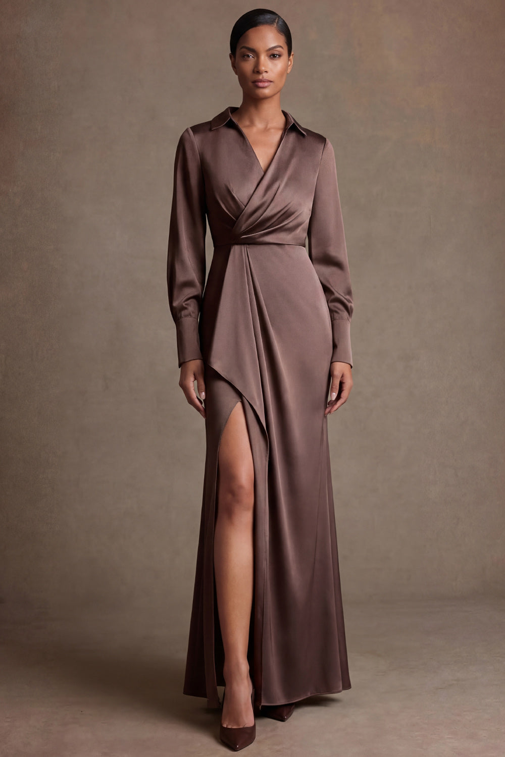 Chocolate Sheath Satin V Neck Ruched Long Mother of the Bride Dress