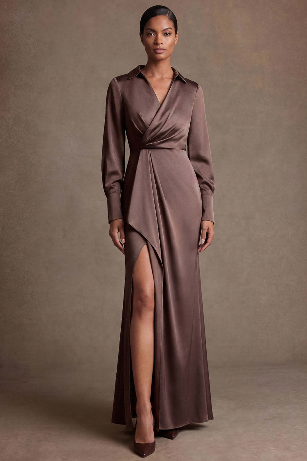 Leely Women Chocolate Sheath Satin Ruched Long Mother of the Bride Dress V Neck Long Sleeves Evening Dress