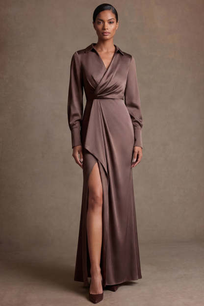 Leely Women Chocolate Sheath Satin Ruched Long Mother of the Bride Dress V Neck Long Sleeves Evening Dress
