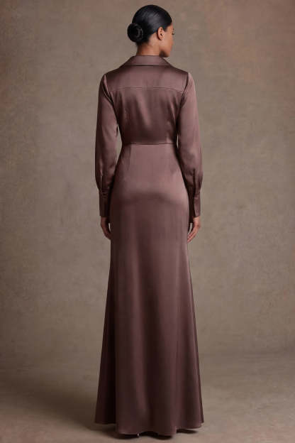Chocolate Sheath Satin V Neck Ruched Long Mother of the Bride Dress