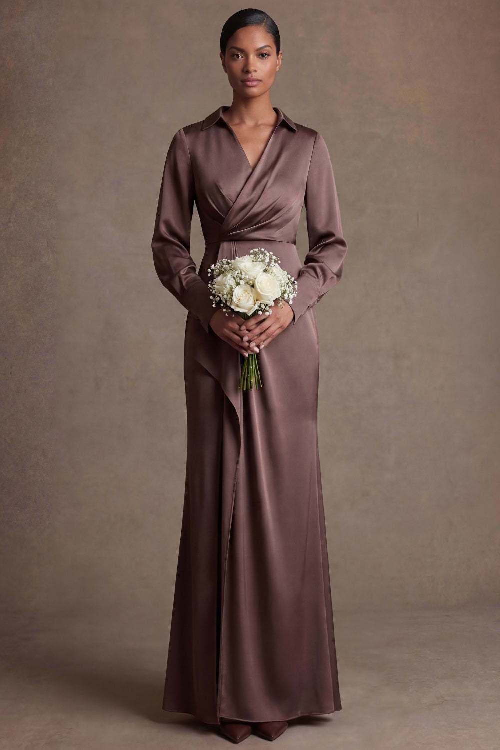 Chocolate Sheath Satin V Neck Ruched Long Mother of the Bride Dress