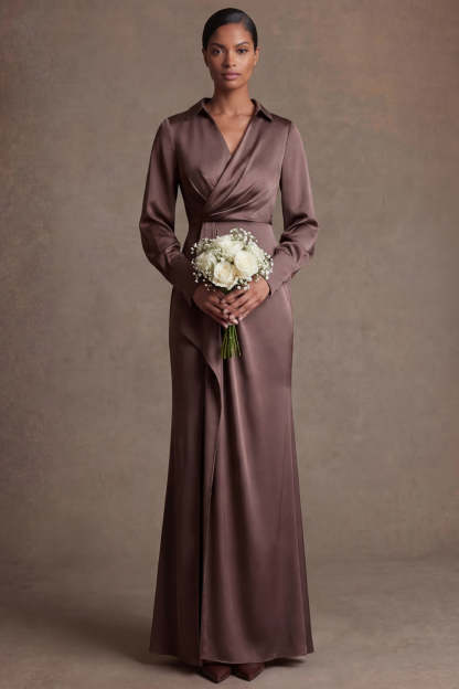 Chocolate Sheath Satin V Neck Ruched Long Mother of the Bride Dress