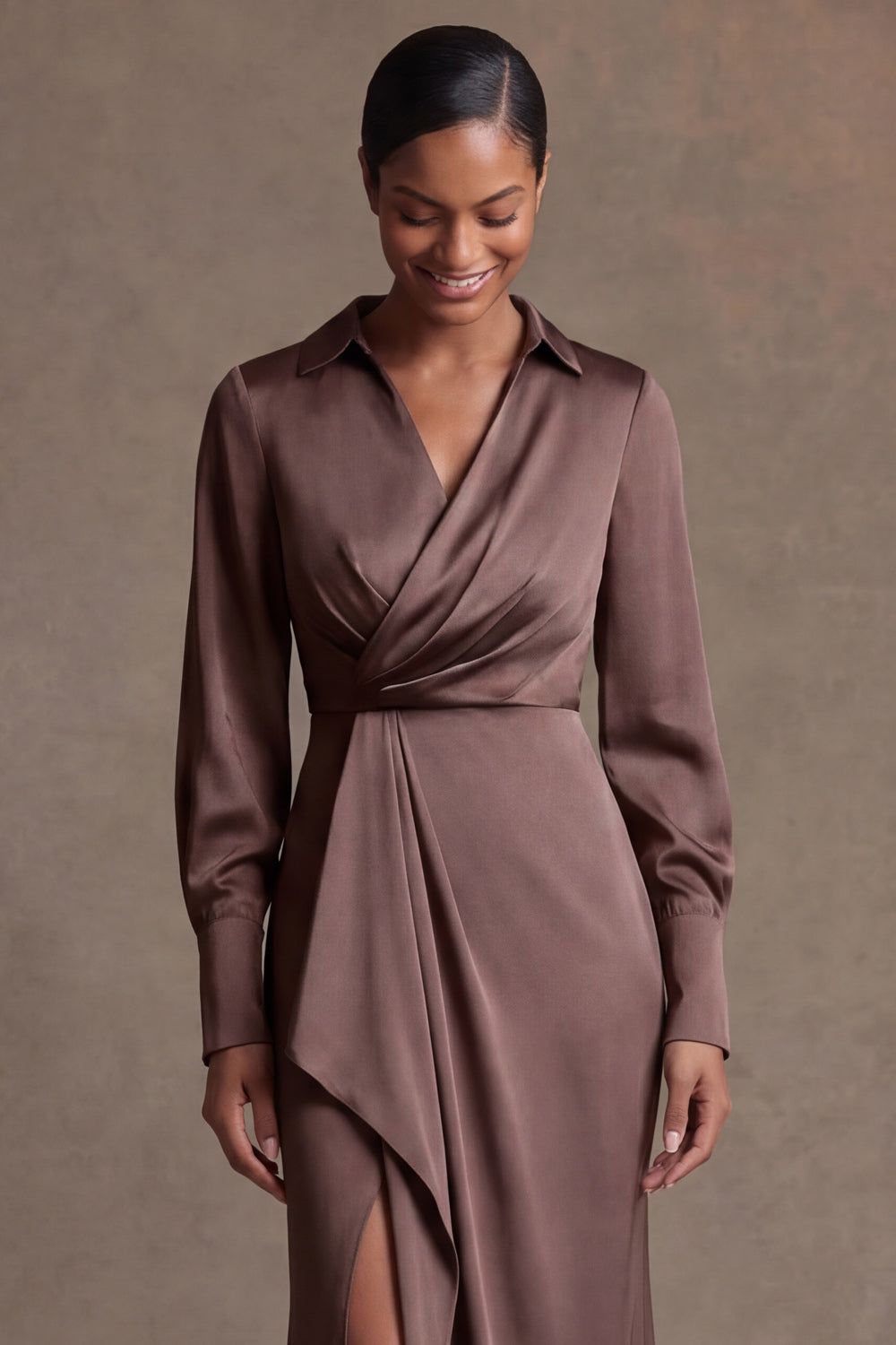 Chocolate Sheath Satin V Neck Ruched Long Mother of the Bride Dress