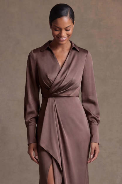 Chocolate Sheath Satin V Neck Ruched Long Mother of the Bride Dress
