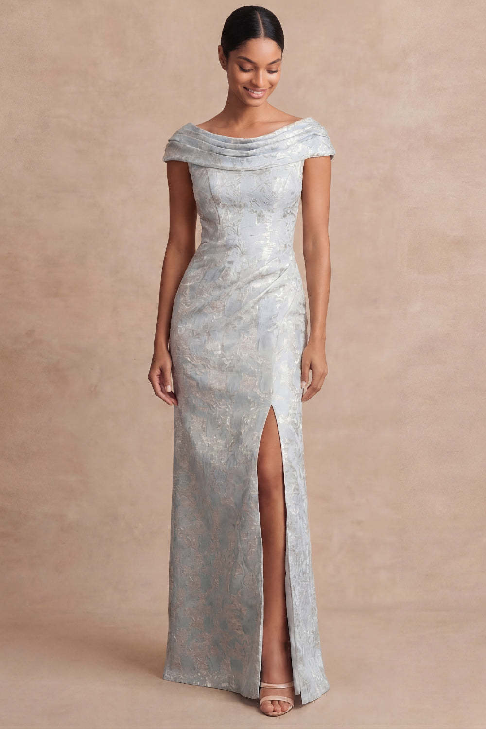 Leely Women Dusty Blue Floral Sheath Jacquard Long Formal Dress with Slit Off the Shoulder Sleeveless Backless Evening Dress