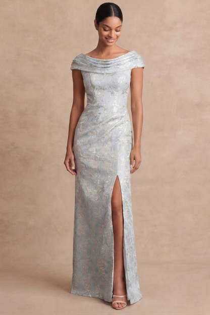 Leely Women Dusty Blue Floral Sheath Jacquard Long Formal Dress with Slit Off the Shoulder Sleeveless Backless Evening Dress