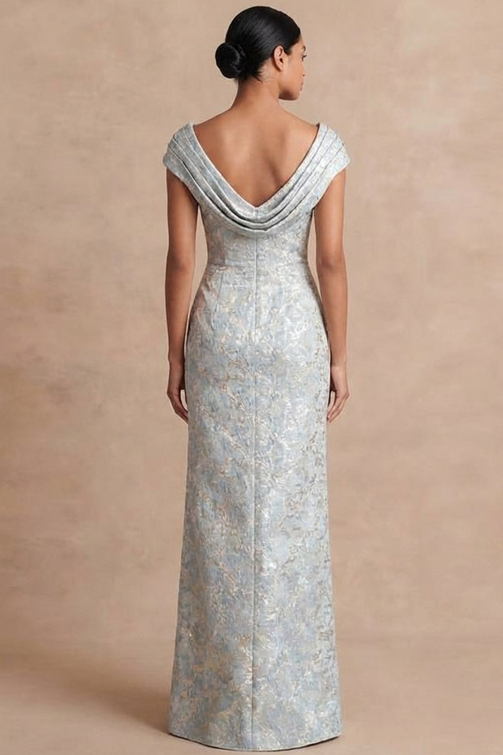 Dusty Blue Floral Sheath Jacquard Long Formal Dress with Slit