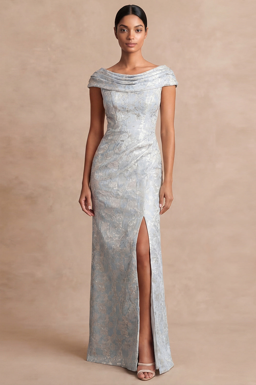 Dusty Blue Floral Sheath Jacquard Long Formal Dress with Slit
