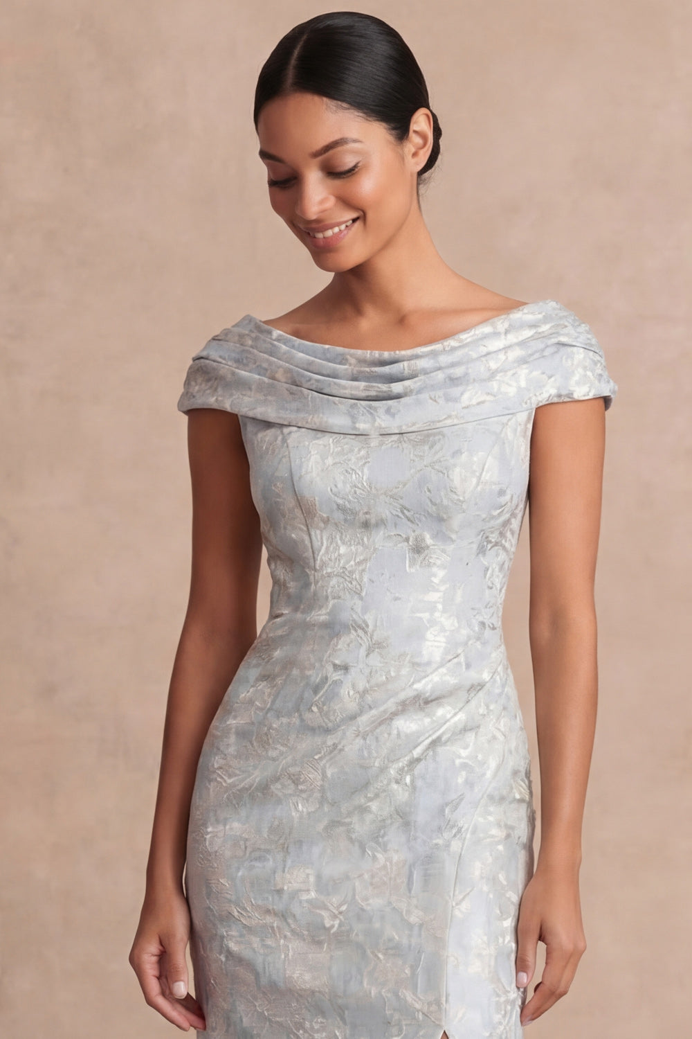 Dusty Blue Floral Sheath Jacquard Long Formal Dress with Slit