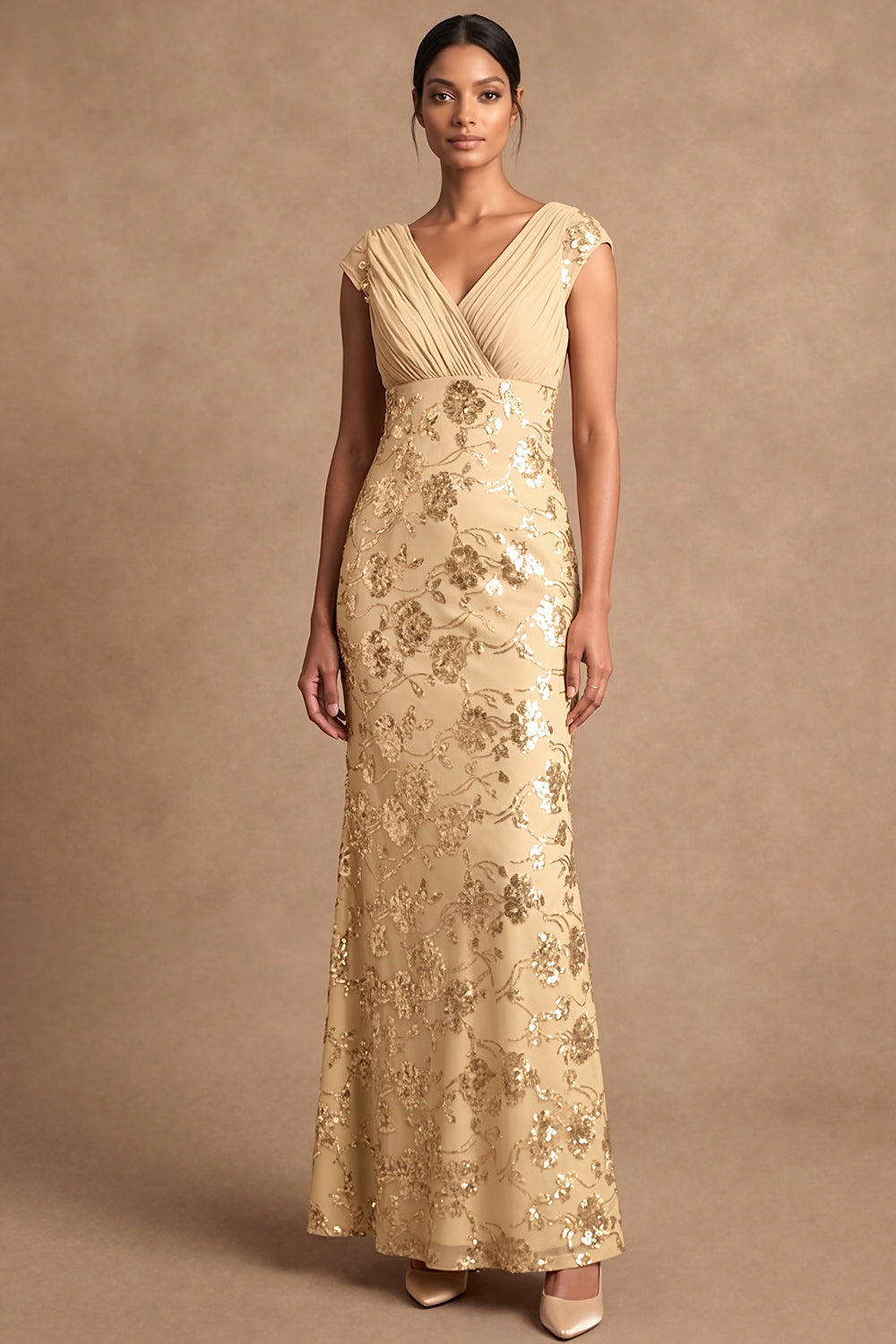 Sheath V Neck Floral Yellow Appliqued Long Formal Dress