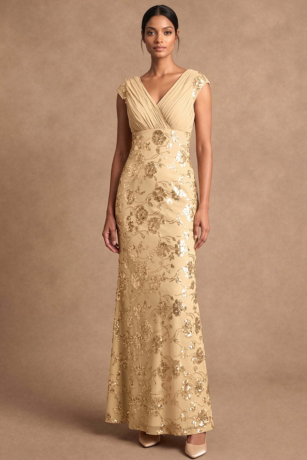 Leely Women Sheath Floral Yellow Appliqued Long Formal Dress V Neck Sleeveless Backless Garden Party Dress