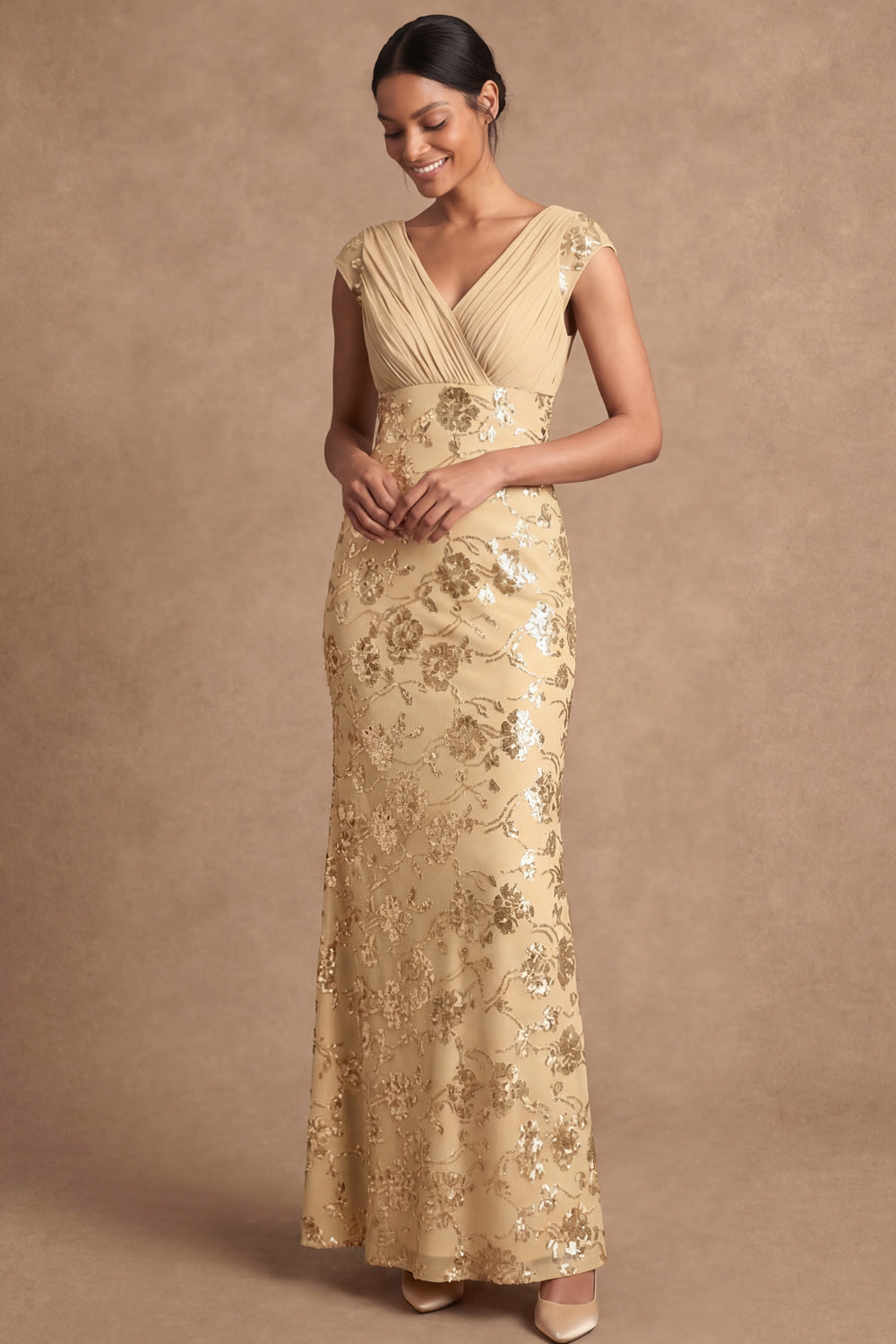 Sheath V Neck Floral Yellow Appliqued Long Formal Dress