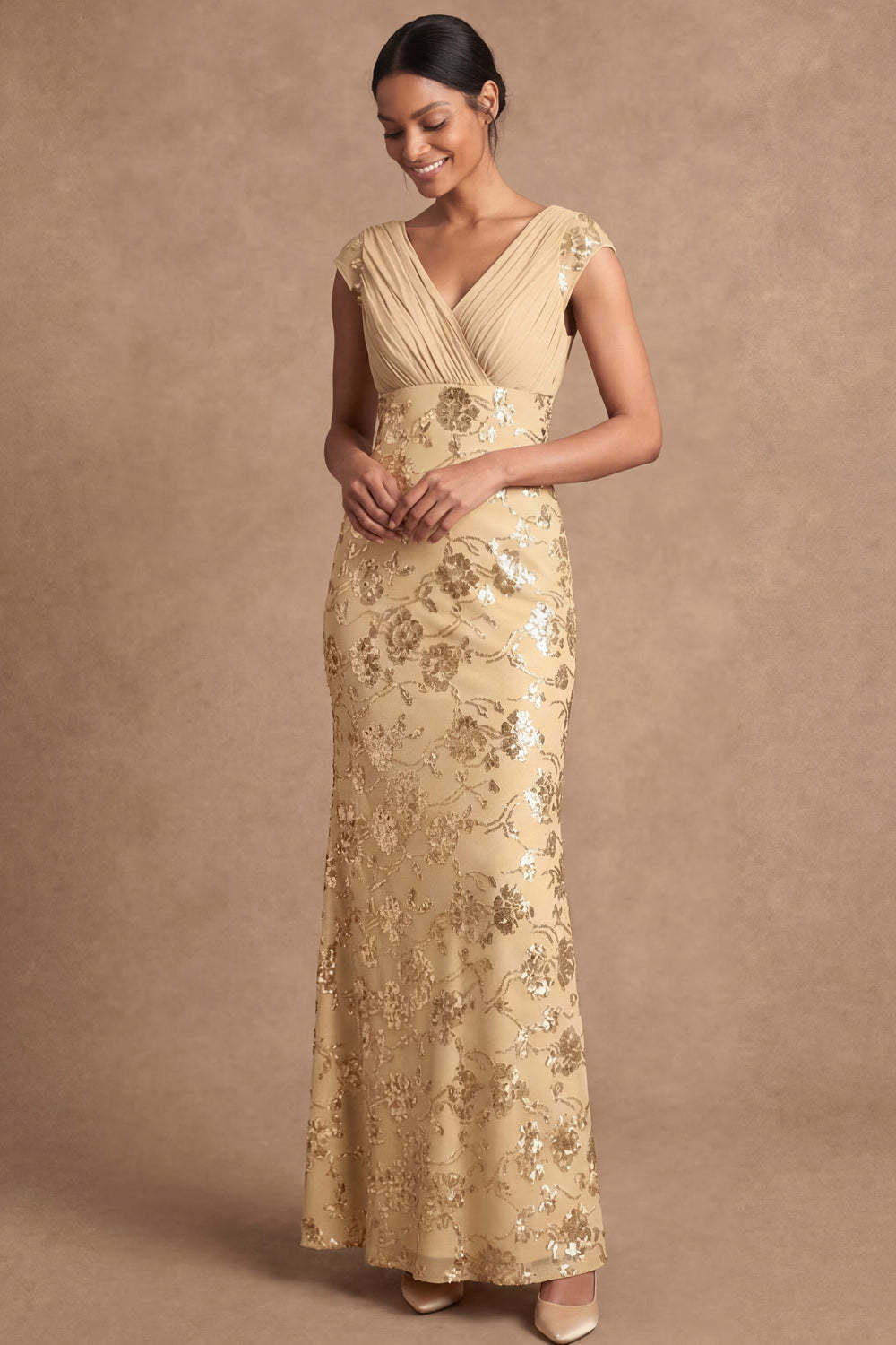 Sheath V Neck Floral Yellow Appliqued Long Formal Dress