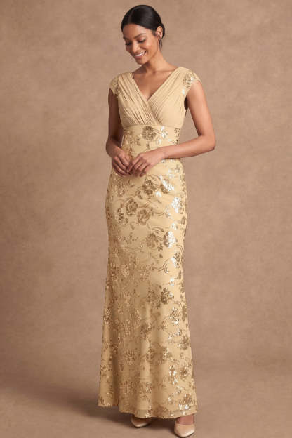 Sheath V Neck Floral Yellow Appliqued Long Formal Dress