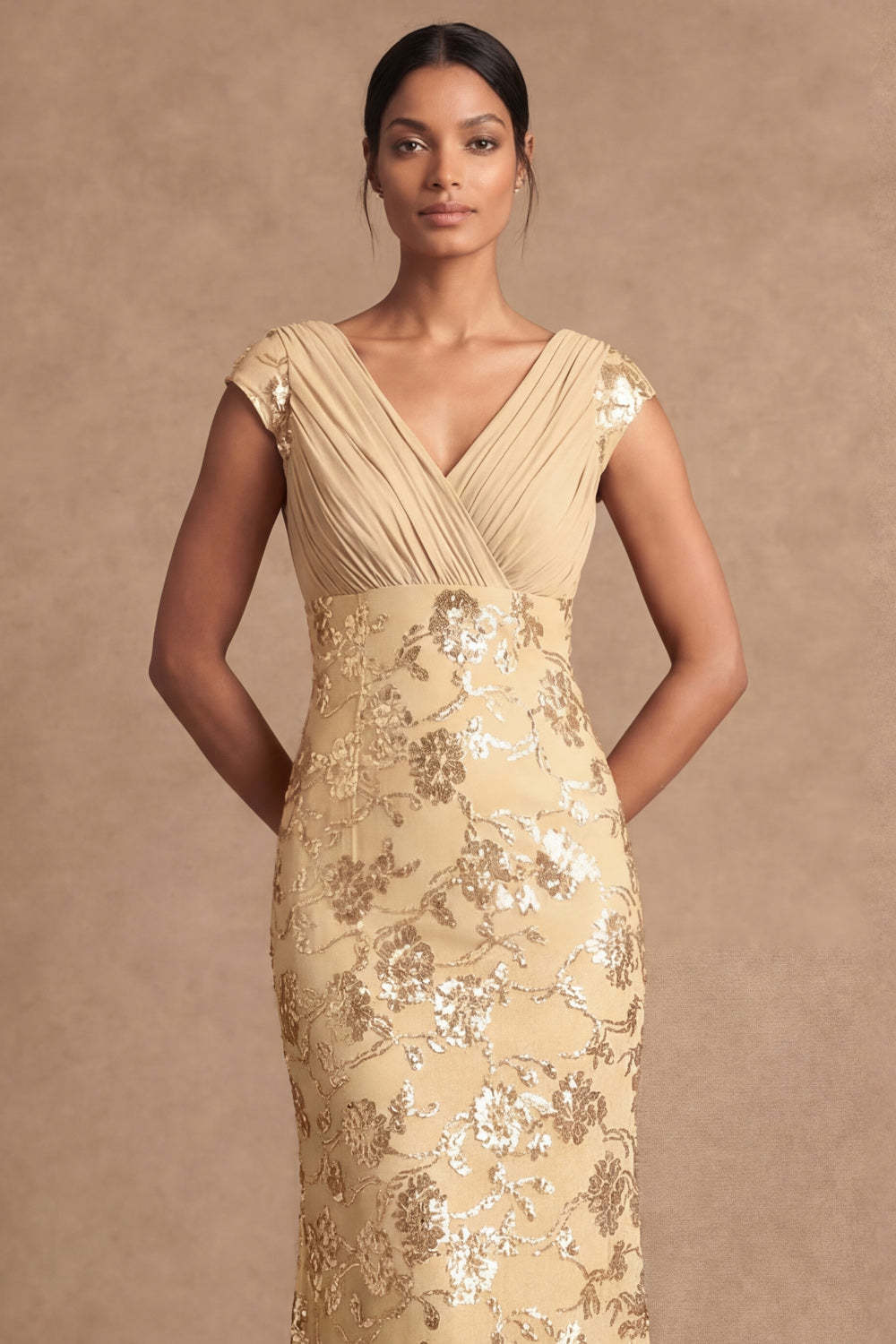 Sheath V Neck Floral Yellow Appliqued Long Formal Dress