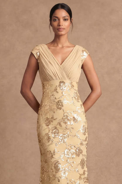 Sheath V Neck Floral Yellow Appliqued Long Formal Dress
