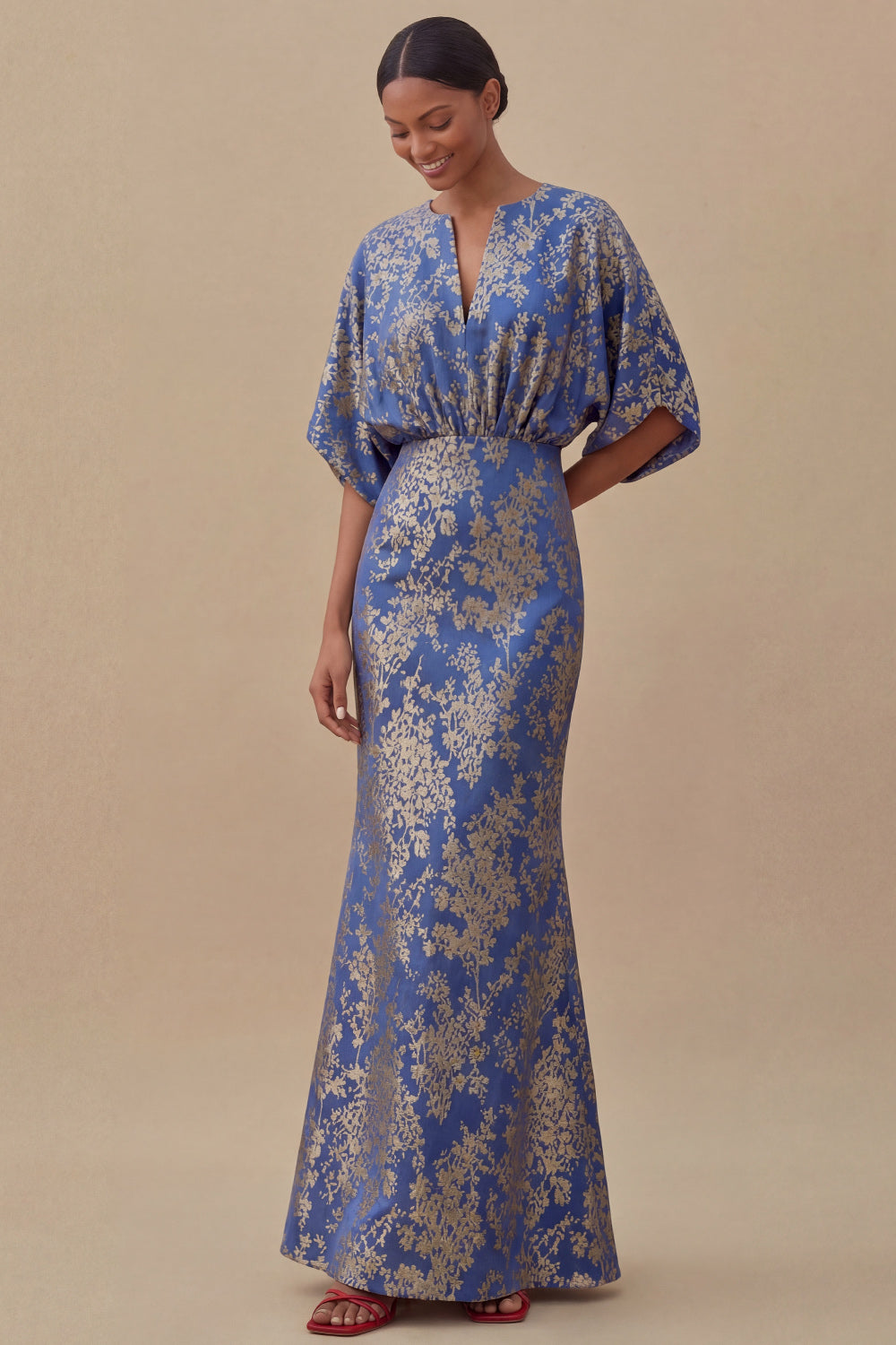 Floral Mermaid Blue V Neck Puff Sleeves Long Wedding Guest Dress