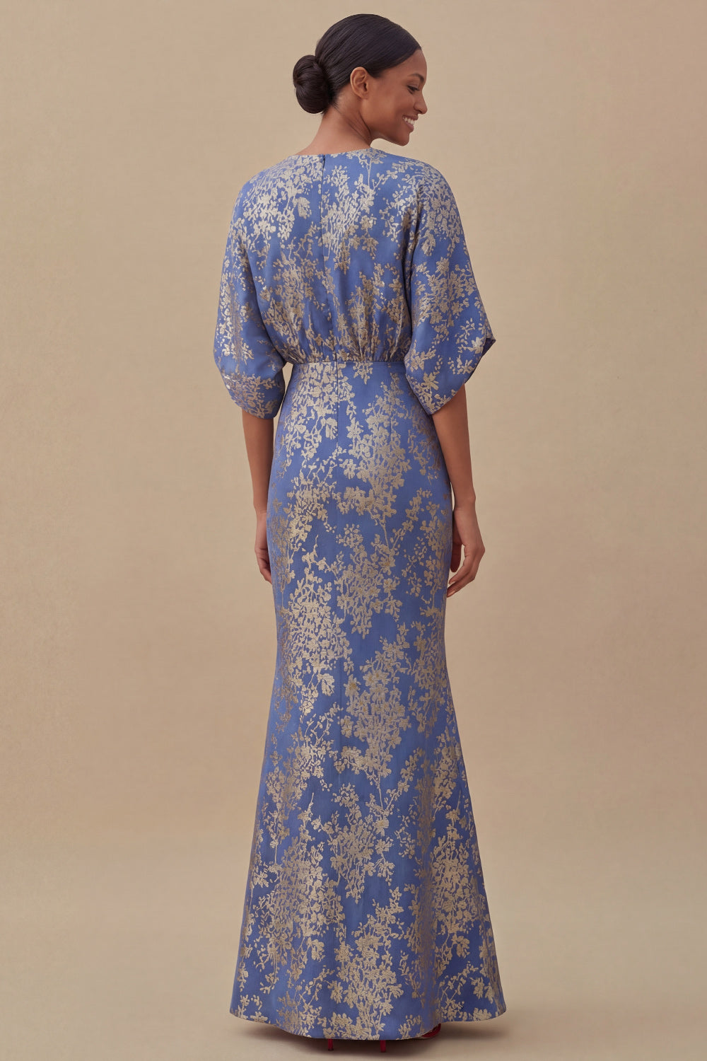 Floral Mermaid Blue V Neck Puff Sleeves Long Wedding Guest Dress