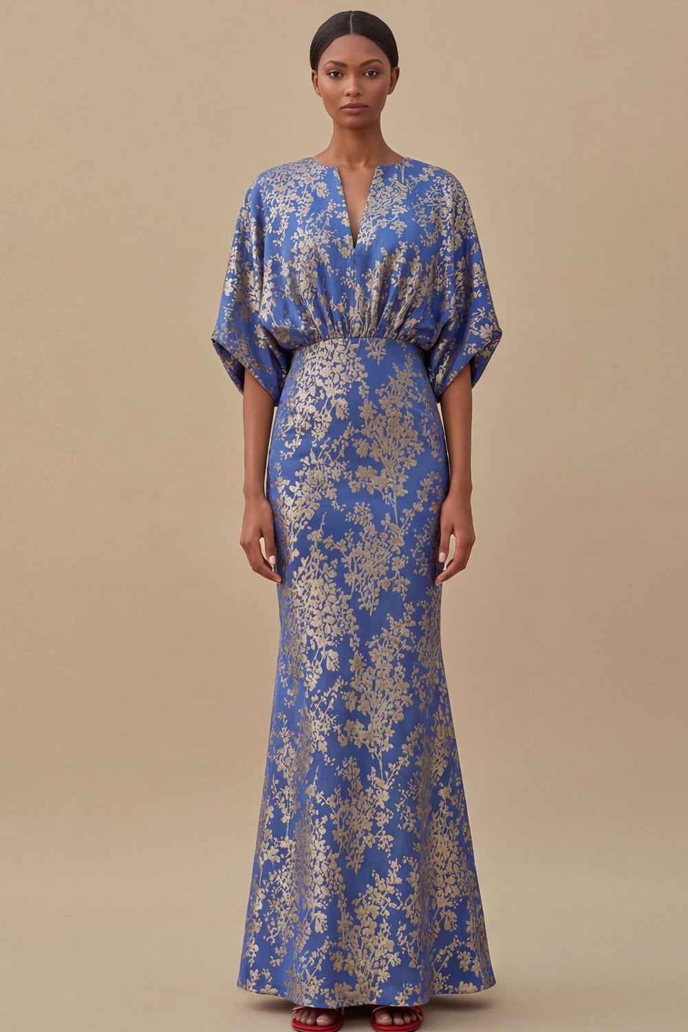 Floral Mermaid Blue V Neck Puff Sleeves Long Wedding Guest Dress