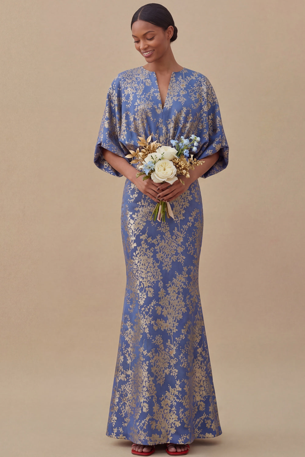 Floral Mermaid Blue V Neck Puff Sleeves Long Wedding Guest Dress