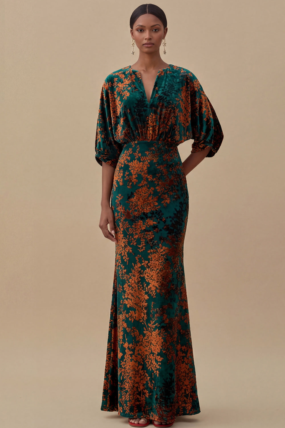 Leely Women Floral Mermaid Blue Long Ruched Wedding Guest Dress Burnout Velvet V Neck Puff Sleeves Evening Dress