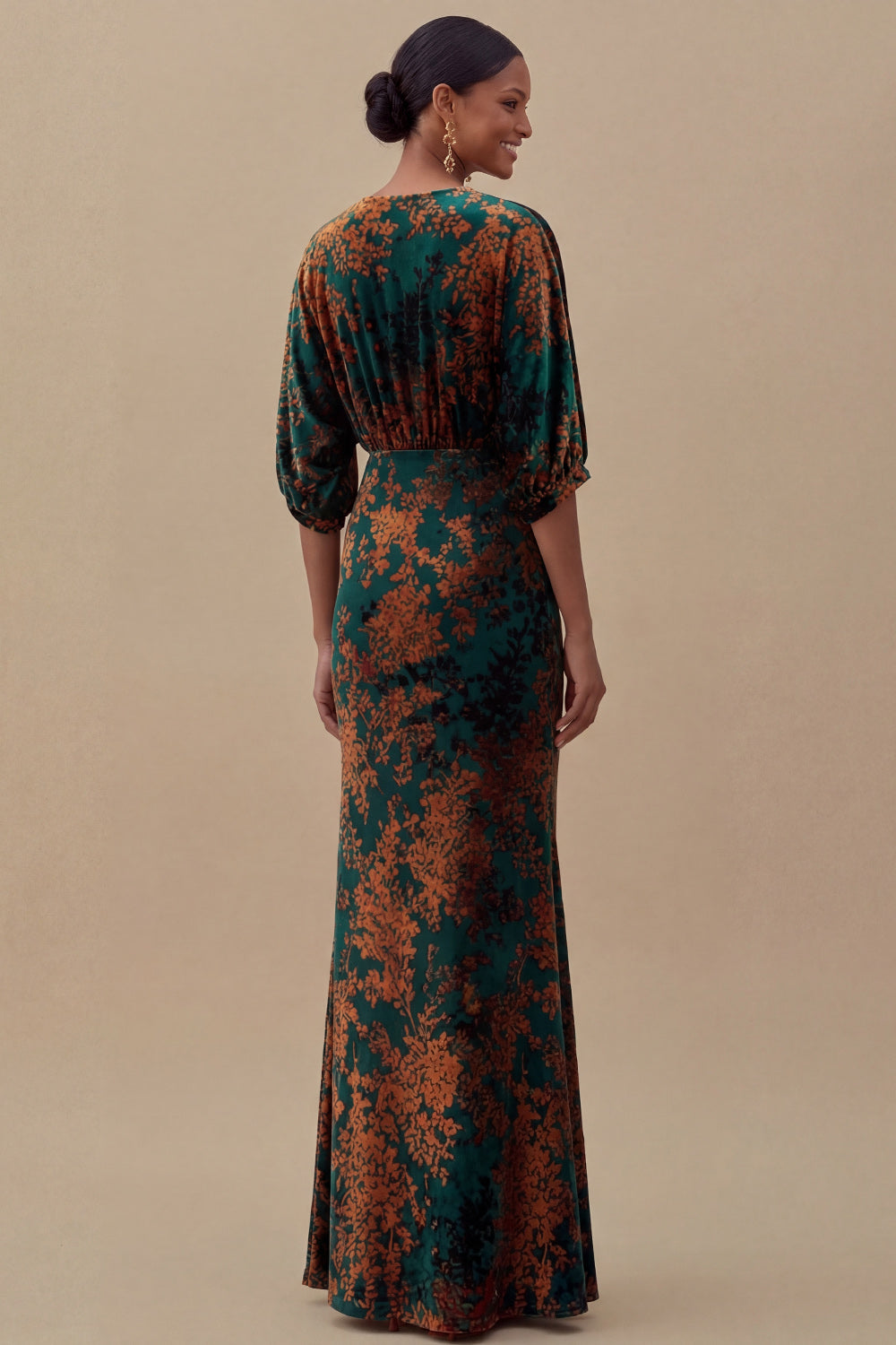 Floral Mermaid Blue V Neck Puff Sleeves Long Wedding Guest Dress