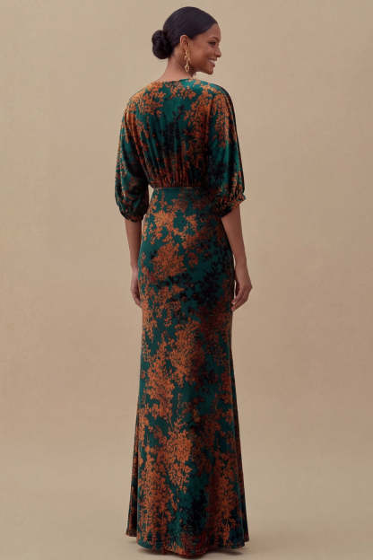 Floral Mermaid Blue V Neck Puff Sleeves Long Wedding Guest Dress