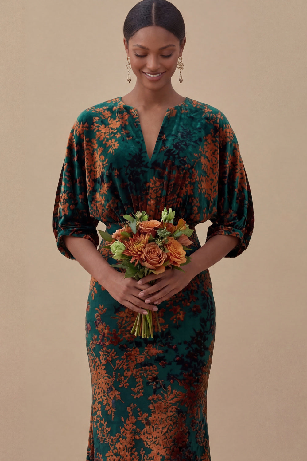 Floral Mermaid Blue V Neck Puff Sleeves Long Wedding Guest Dress