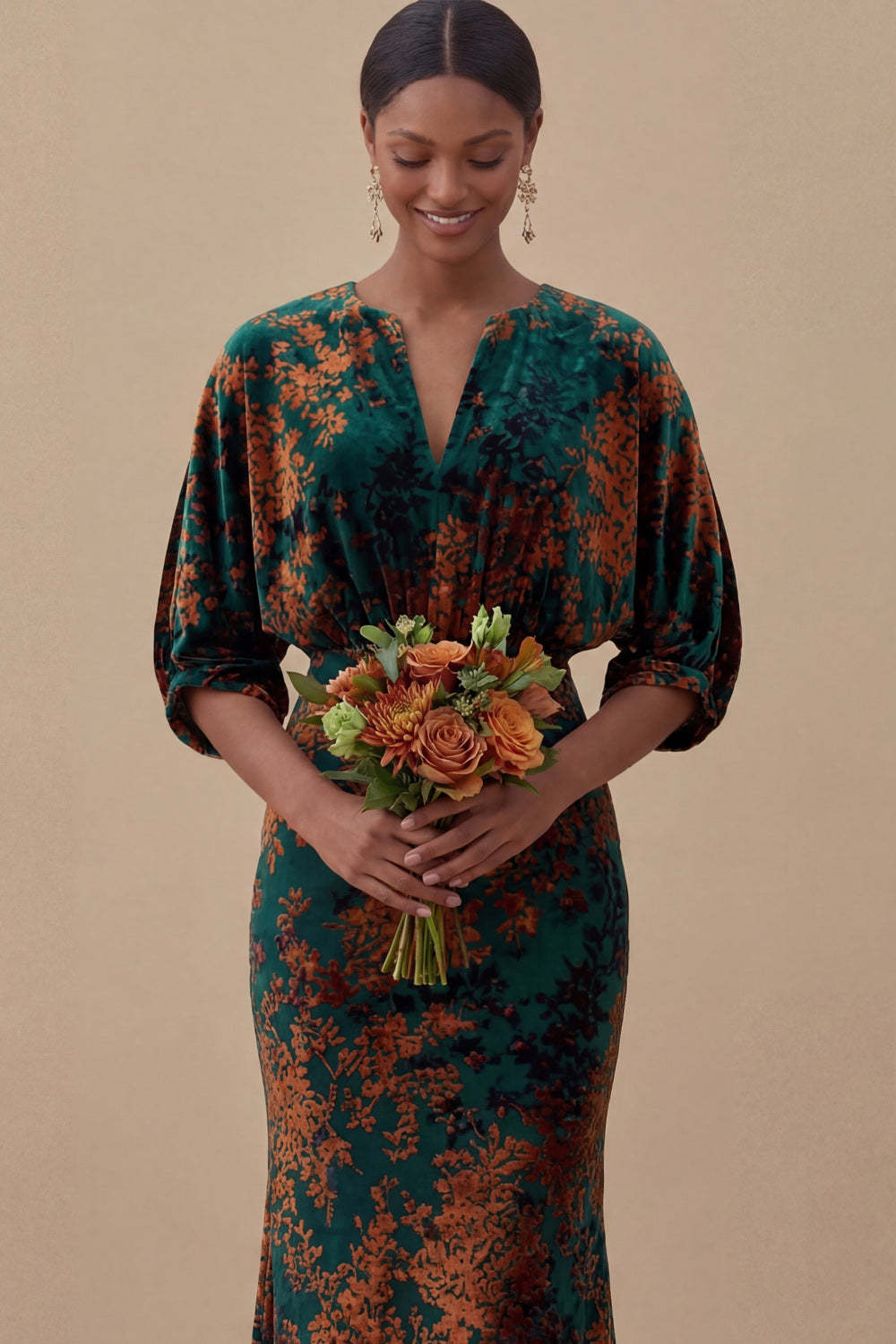 Floral Mermaid Blue V Neck Puff Sleeves Long Wedding Guest Dress
