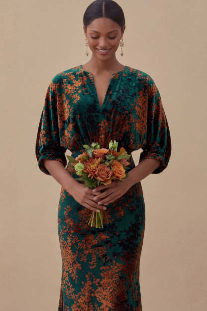 Floral Mermaid Blue V Neck Puff Sleeves Long Wedding Guest Dress
