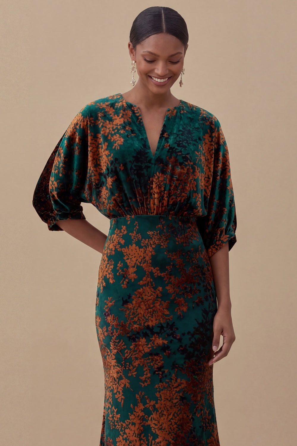 Floral Mermaid Blue V Neck Puff Sleeves Long Wedding Guest Dress