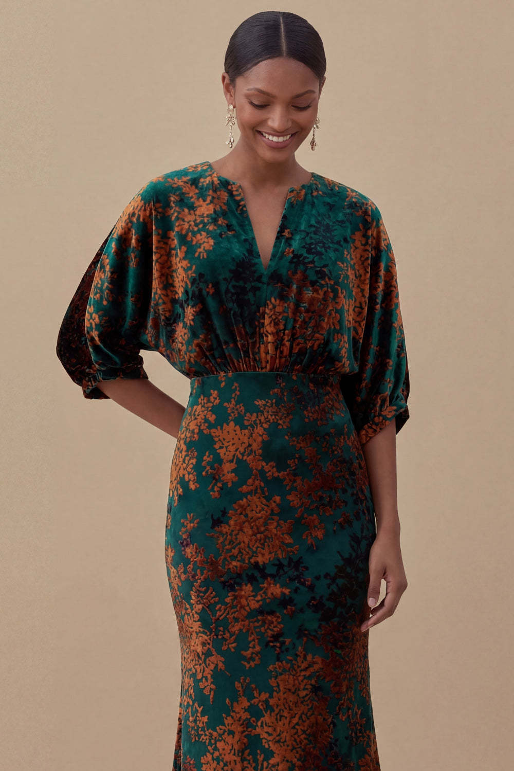 Floral Mermaid Blue V Neck Puff Sleeves Long Wedding Guest Dress