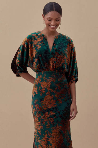 Floral Mermaid Blue V Neck Puff Sleeves Long Wedding Guest Dress