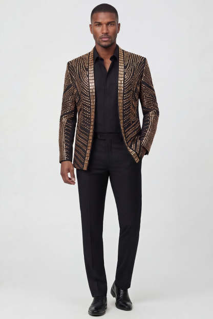 Leely Men Sparkly Prom Suits Gold 2-piece Open Front Party Suits