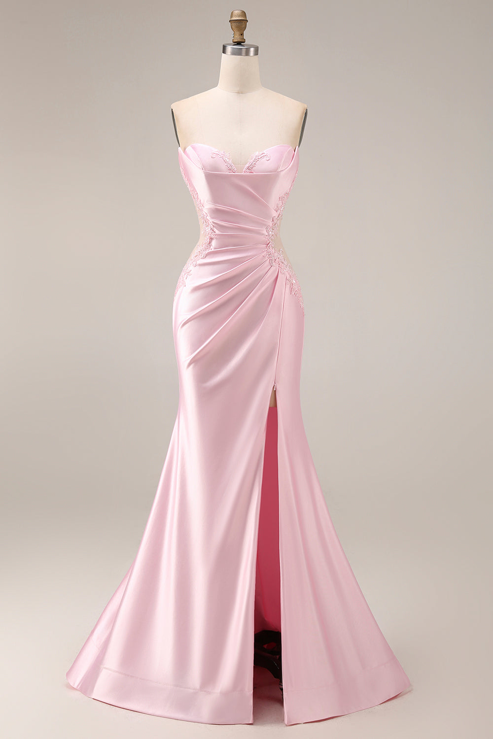 Leely Women Pink Satin Mermaid Ruched Long Prom Dress with Slit Sweetheart Backless Sleeveless Wedding Guest Dress
