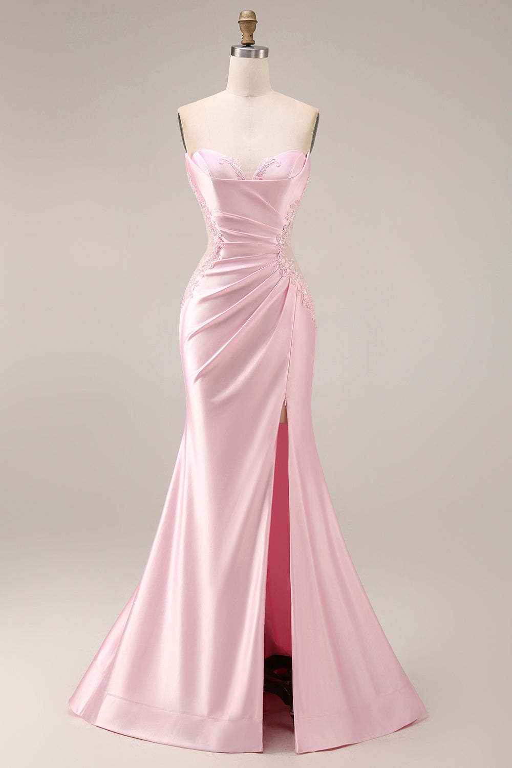 Leely Women Pink Satin Mermaid Ruched Long Prom Dress with Slit Sweetheart Backless Sleeveless Wedding Guest Dress
