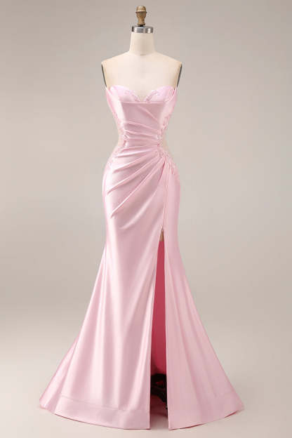 Leely Women Pink Satin Mermaid Ruched Long Prom Dress with Slit Sweetheart Backless Sleeveless Wedding Guest Dress
