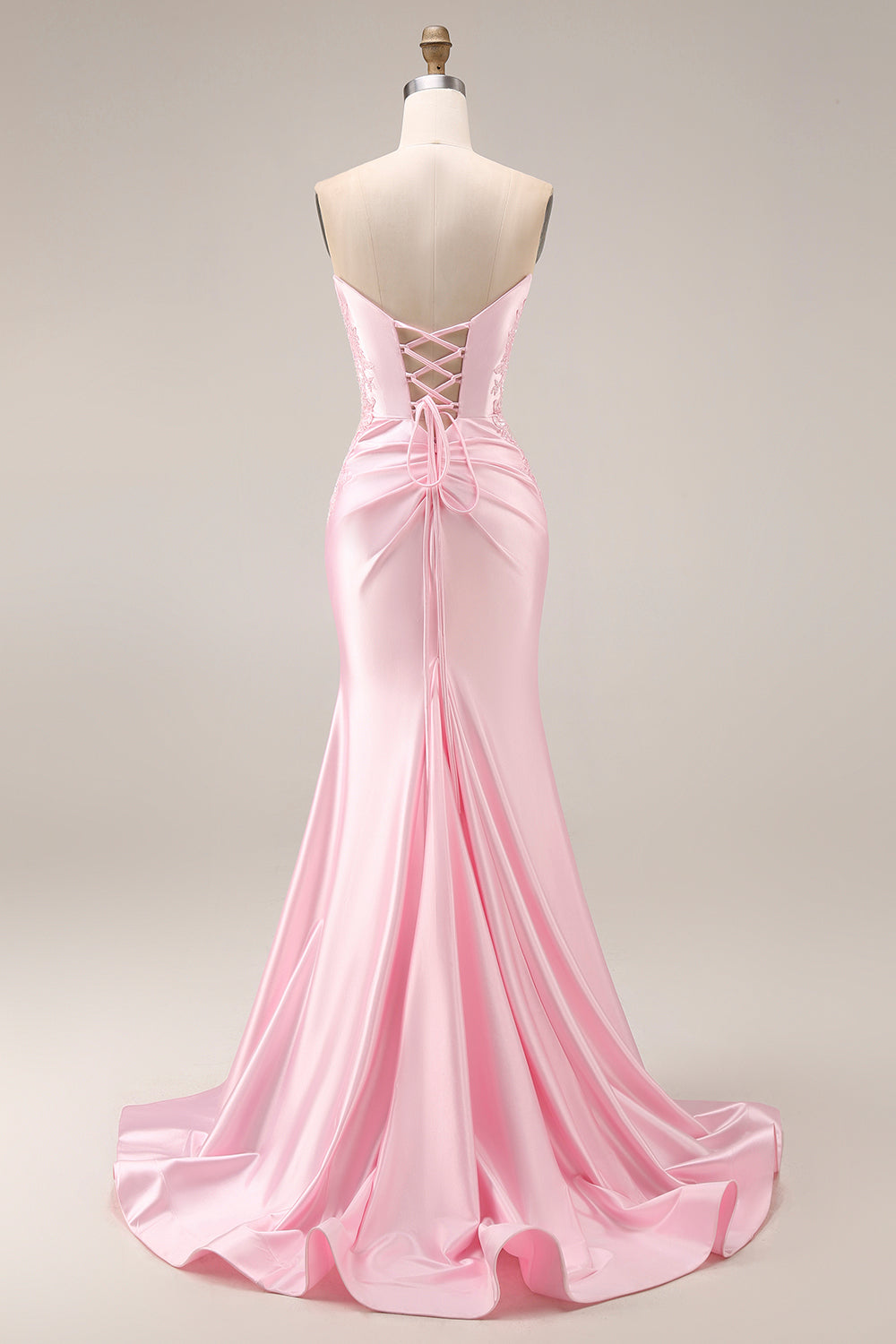 Pink Satin Mermaid Ruched Long Prom Dress with Slit