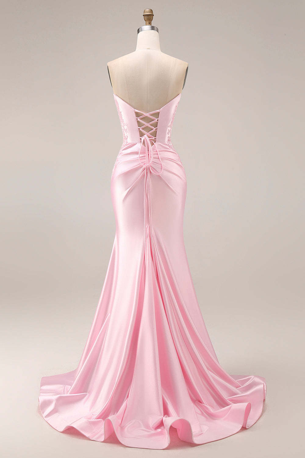 Pink Satin Mermaid Ruched Long Prom Dress with Slit